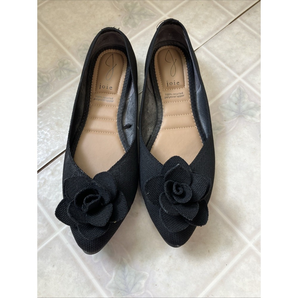 Joie Clara Black Ballet Flats Pointed Toe Flower Detail Size 8 M Woven Stretch